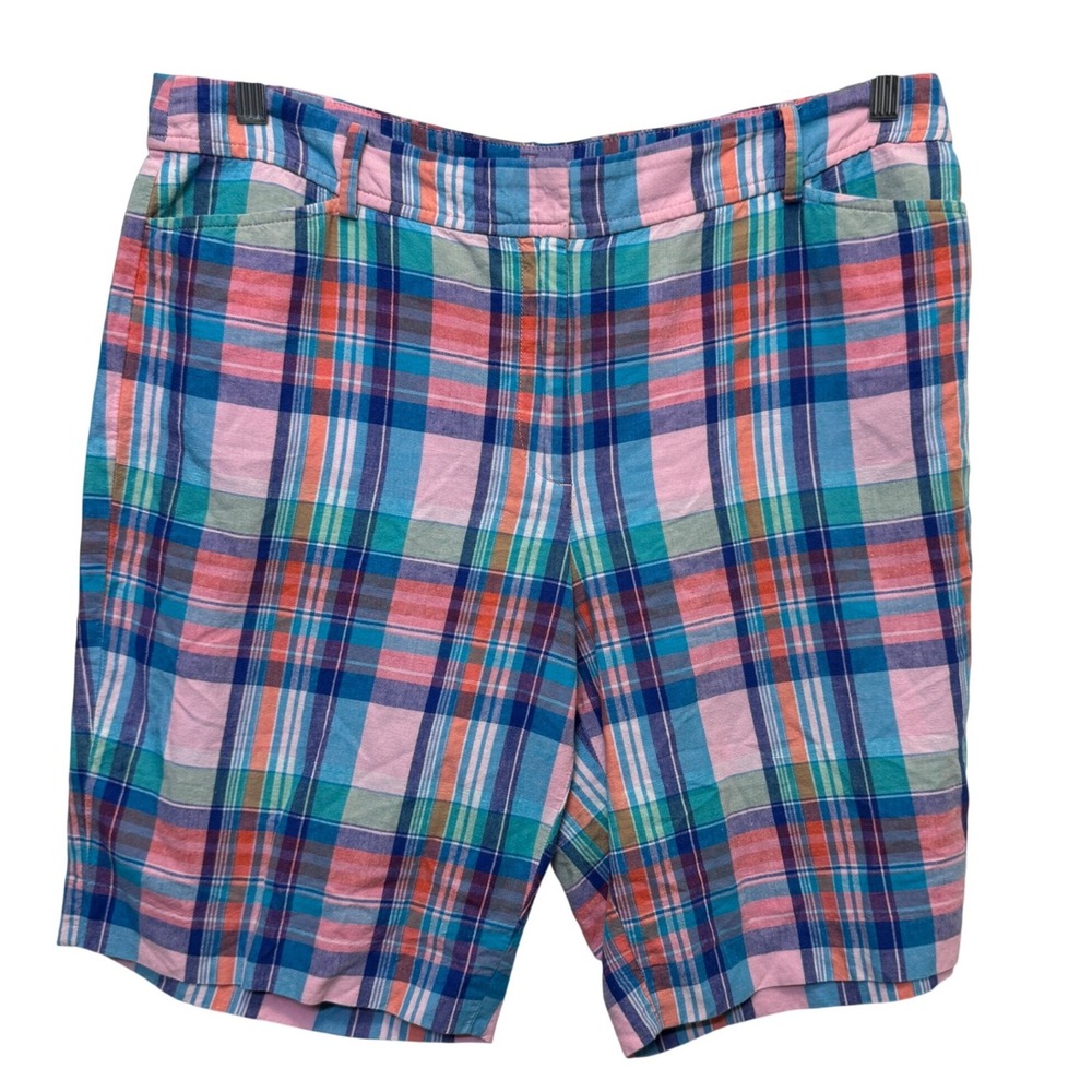 Talbots Womens Perfect Short 12 Multi Plaid Linen Blend Preppy Coastal Summer